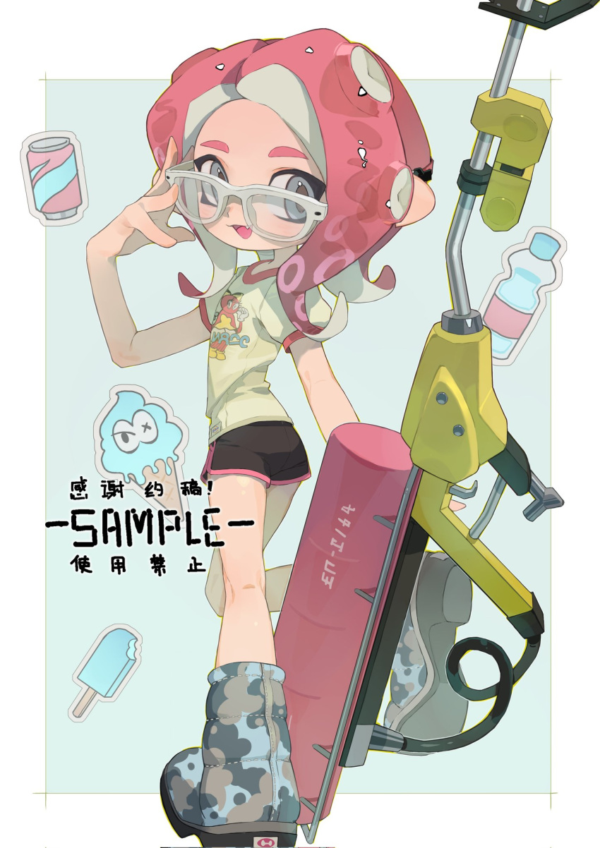 1girl :d black_shorts blue_background blue_footwear boots border bottle brown_footwear can commentary_request e-liter_4k_(splatoon) fang food glasses grey_eyes grey_footwear gun hand_up highres ice_cream ice_cream_cone looking_at_viewer looking_back medium_hair multicolored_footwear octoling octoling_girl open_mouth outside_border p-pepper parted_bangs pink_hair pointy_ears popsicle print_shirt shirt short_shorts short_sleeves shorts sidelocks simple_background smile solo splatoon_(series) sticker suction_cups t-shirt tentacle_hair weapon white-framed_eyewear white_border white_shirt