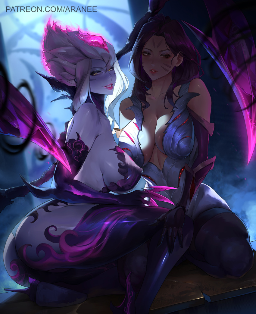2girls araneesama ass bare_shoulders bodysuit breasts cleavage collarbone colored_skin evelynn_(league_of_legends) facial_mark from_side grey_bodysuit grey_hair grin highres kai'sa large_breasts league_of_legends long_hair looking_at_viewer medium_hair multiple_girls parted_bangs pink_thighhighs purple_hair purple_thighhighs smile teeth thighhighs thighs web_address whisker_markings