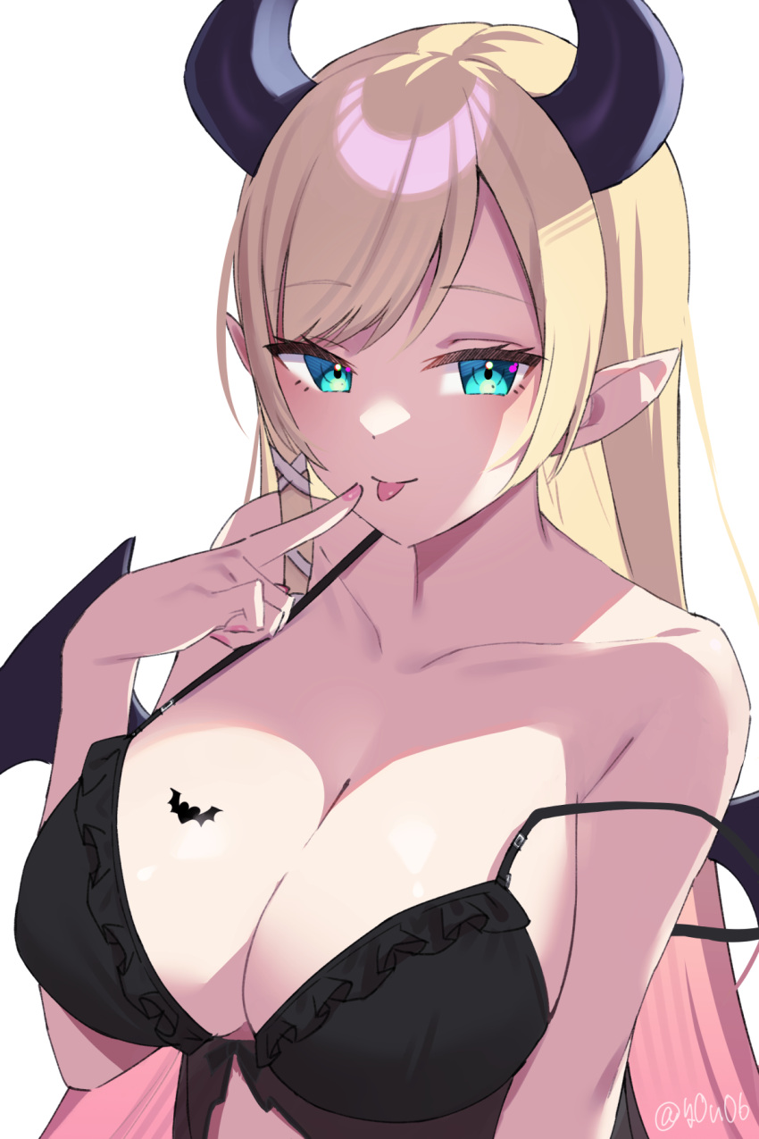 1girl :p babydoll bat_tattoo black_babydoll black_horns blonde_hair blue_eyes breast_tattoo breasts demon_girl demon_horns demon_wings finger_to_mouth frilled_babydoll front-tie_top gradient_hair hair_ribbon highres hololive horns large_breasts long_hair looking_at_viewer multicolored_hair pink_hair pink_nails pointy_ears ribbon simple_background solo strap_slip swept_bangs tattoo tongue tongue_out twitter_username upper_body virtual_youtuber white_background white_ribbon winged_heart wings you06 yuzuki_choco