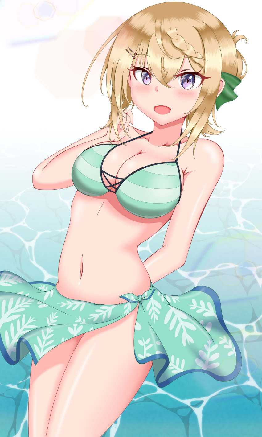 1girl absurdres bikini blonde_hair blue_sarong braid braided_bangs breasts cleavage green_ribbon hair_bun highres itsuya_(hmizugucti) kantai_collection leaf_print looking_at_viewer medium_breasts navel official_alternate_costume perth_(kancolle) purple_eyes ribbon sarong short_hair smile solo striped_bikini striped_clothes swimsuit water