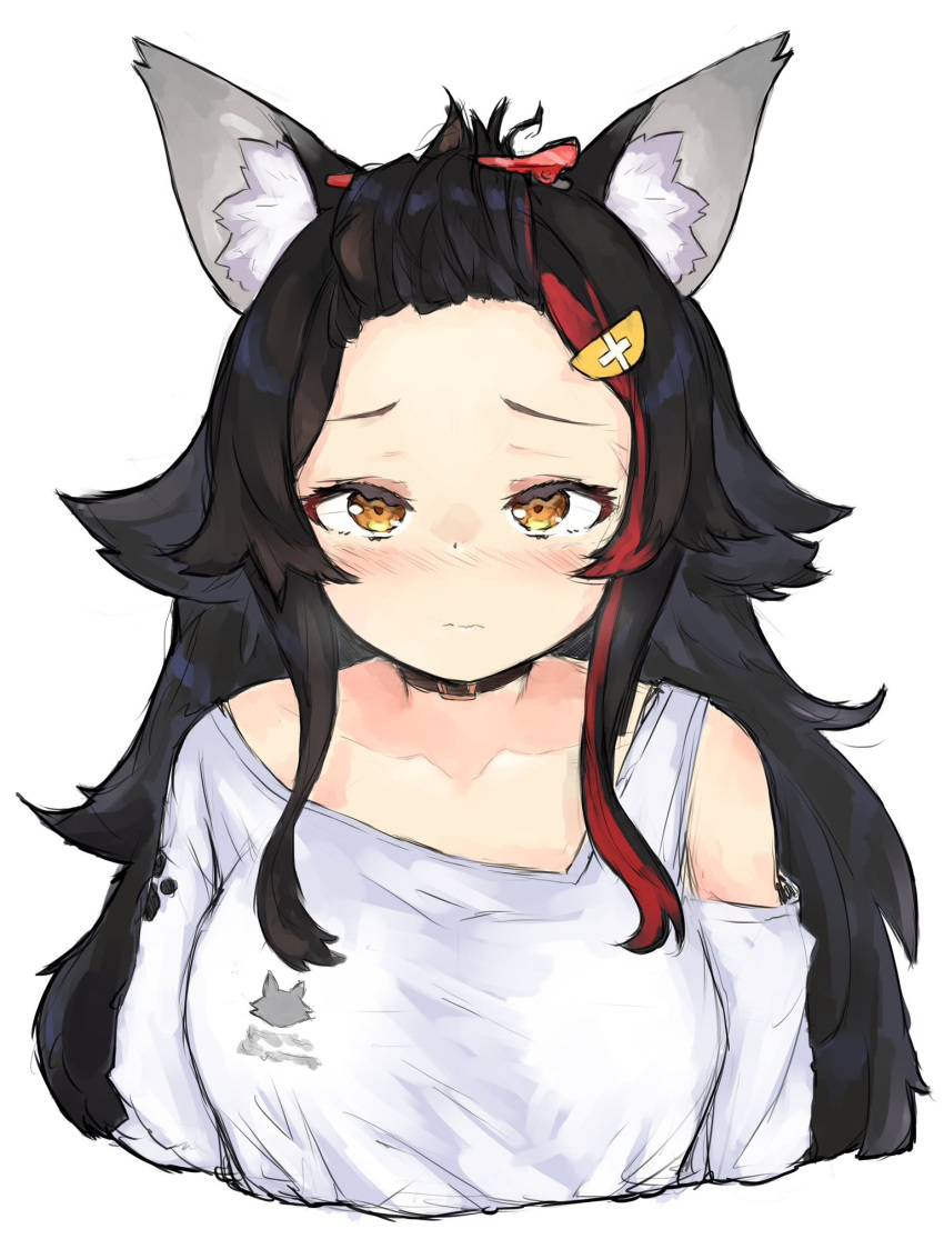 1girl animal_ear_fluff animal_ears asymmetrical_clothes asymmetrical_shirt black_choker black_hair blush breasts choker closed_mouth clothing_cutout commentary_request embarrassed flipped_hair forehead hair_ornament hairclip highres hololive long_hair looking_at_viewer medium_breasts multicolored_hair official_alternate_costume ookami_mio ookami_mio_(3rd_costume) paw_print paw_print_pattern red_hair shirt shoulder_cutout sidelocks simple_background solo spiked_hair streaked_hair suzu_coconatu upper_body virtual_youtuber white_background white_shirt wolf_ears wolf_girl yellow_eyes