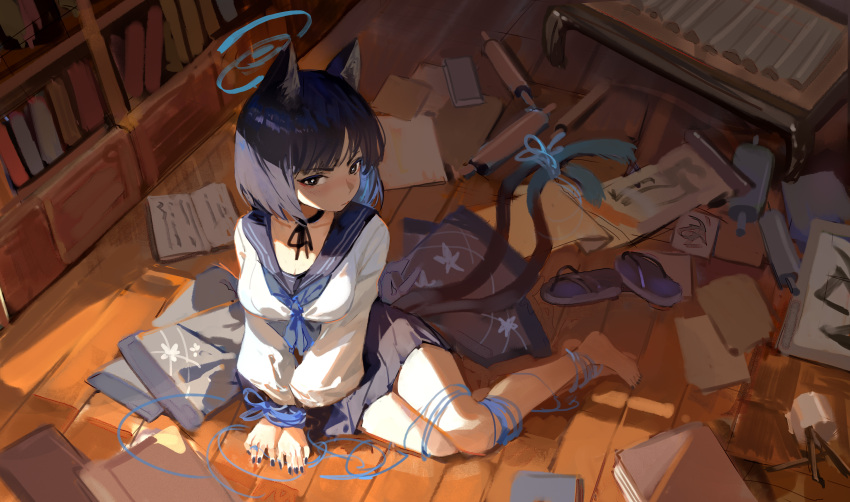 1girl absurdres animal_ears black_eyes black_hair black_nails black_sailor_collar black_skirt blue_archive blue_neckerchief book cat_ears cat_tail fingernails floor highres indoors kikyou_(blue_archive) long_sleeves looking_at_viewer meinoss multiple_tails nail_polish neckerchief pleated_skirt sailor_collar school_uniform scroll serafuku short_hair sitting skirt solo tail two_tails yokozuwari