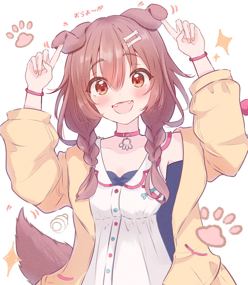 1girl animal_ears blush bone_hair_ornament brown_eyes brown_hair collar dog_ears dog_girl dog_tail dress fangs hair_ornament highres hololive inugami_korone inugami_korone_(1st_costume) jacket looking_at_viewer nail_polish nishiki_yuno open_mouth red_collar smile tail virtual_youtuber white_background white_dress yellow_jacket yellow_nails