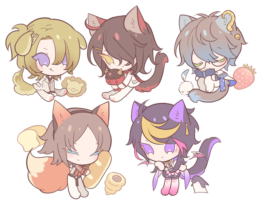 5boys animal_ears baguette bird black_hair blonde_hair blue_hair book bread brown_hair cat_boy cat_ears cat_tail chibi closed_eyes closed_mouth commentary_request dog_boy dog_ears dog_tail doll food fox_boy fox_ears fox_tail fruit full_body glasses hair_between_eyes highres holding holding_book holding_doll holding_food ike_eveland kemonomimi_mode long_hair long_sleeves luca_kaneshiro luxiem male_focus meremero multicolored_hair multiple_boys mysta_rias nijisanji nijisanji_en oni open_book penguin pink_hair purple_eyes purple_hair red_oni short_hair shu_yamino simple_background sitting smile standing strawberry streaked_hair tail tongue tongue_out virtual_youtuber vox_akuma white_background yellow_eyes