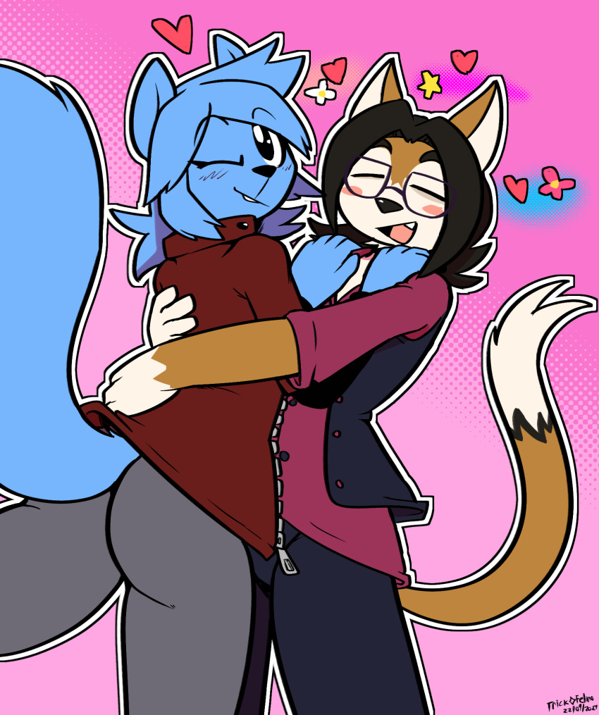 &lt;3 2024 anthro anthro_on_anthro big_butt black_body black_eyes black_fur black_hair black_markings black_nose blue_body blue_bottomwear blue_clothing blue_fur blue_hair blue_jacket blue_pants blue_topwear bottomwear brown_body brown_fur buckteeth butt clothed clothing cute_fangs domestic_cat duo embrace eyes_closed felid feline felino felis female flower fur gloves_(marking) grey_bottomwear grey_clothing grey_pants hair hi_res hip_grab hug jacket lettuce_(latexia) male male/female mammal markings one_eye_closed open_clothing open_jacket open_mouth open_shirt open_topwear pants peter_the_cat pink_background plant purple_clothing purple_shirt purple_topwear red_clothing red_shirt red_topwear rodent romantic romantic_couple sciurid shirt shoulder_grab simple_background smile star teeth topwear tree_squirrel white_body white_fur white_inner_ear wink