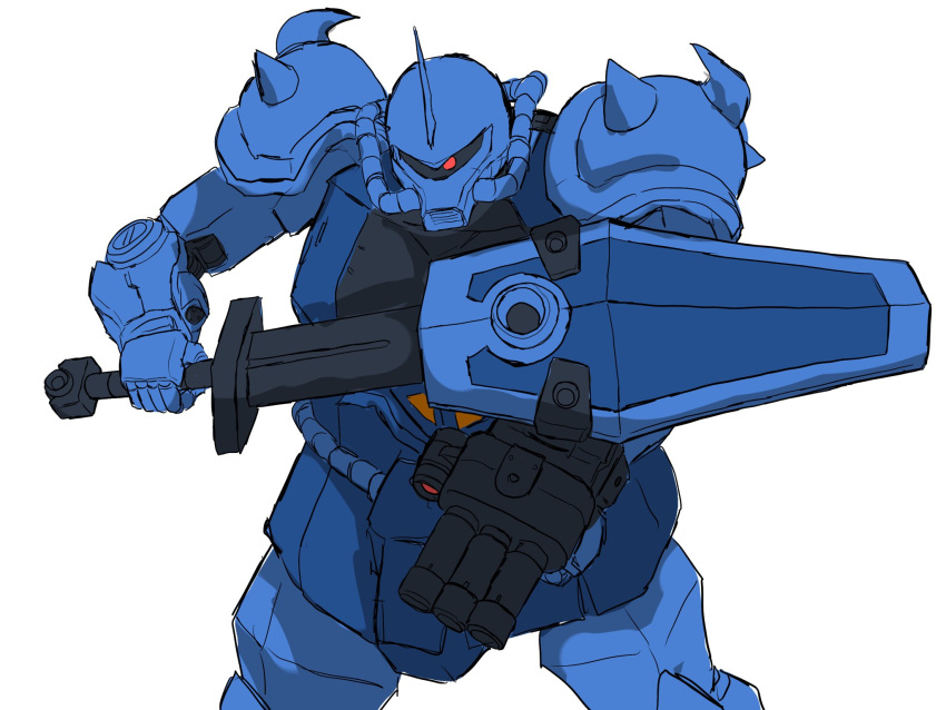 arm_mounted_weapon drawing_sword gouf_custom gundam highres holding holding_sword holding_weapon looking_at_viewer mecha mecha_kaku_man mobile_suit mono-eye no_humans robot science_fiction shield simple_background standing sword weapon white_background zeon