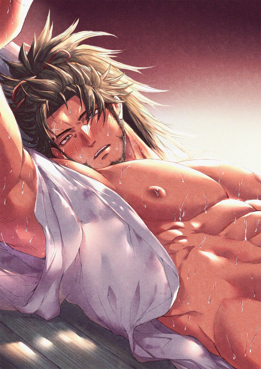 1boy abs bara bare_pectorals black_hair blush facial_hair final_fantasy final_fantasy_xiv hien_rijin highres large_pectorals long_hair looking_at_viewer lying male_focus muscular muscular_male nipples on_back open_clothes open_mouth pectorals ponytail scar scar_on_face scar_on_forehead solo sweat zanki