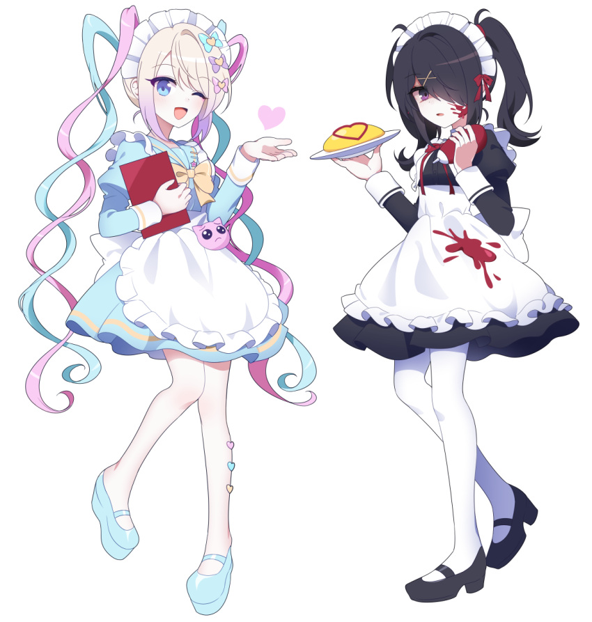 2girls adapted_costume alternate_costume ame-chan_(needy_girl_overdose) apron black_dress black_footwear black_hair blonde_hair blue_bow blue_dress blue_eyes blue_footwear blue_hair blue_sailor_collar bottle bow chouzetsusaikawa_tenshi-chan clipboard dress dual_persona enmaided food frilled_apron frills full_body hair_bow hair_ornament hair_over_one_eye hands_up hat hat_bow heart heart_hair_ornament highres holding holding_bottle holding_clipboard holding_plate juliet_sleeves ketchup_bottle long_hair long_sleeves looking_at_viewer maid maid_headdress mary_janes morpho95 multicolored_hair multiple_girls multiple_hair_bows needy_girl_overdose omelet omurice open_mouth pantyhose pien_cat_(needy_girl_overdose) pink_bow pink_hair plate puffy_sleeves purple_bow purple_eyes quad_tails red_ribbon ribbon sailor_collar shaded_face shoes simple_background smile stained_clothes standing twintails waist_apron white_apron white_background white_pantyhose x_hair_ornament yellow_bow