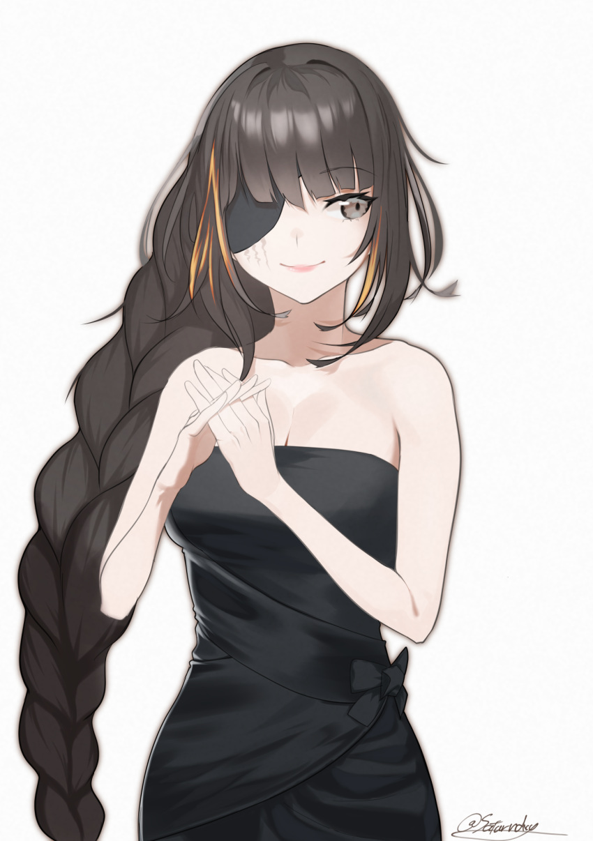 1girl black_dress braid breasts brown_eyes brown_hair closed_mouth dress eyepatch girls'_frontline highres looking_to_the_side m16a1_(girls'_frontline) mole mole_under_eye multicolored_hair own_hands_together saturndxy scar simple_background