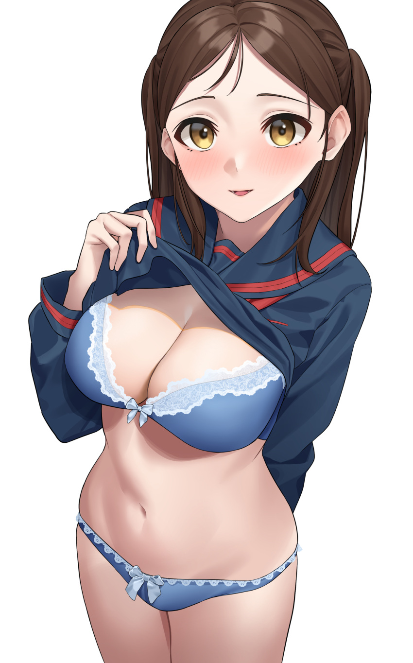 1girl absurdres ayase_honoka blue_bra blue_panties blue_shirt blush bra breasts brown_hair cleavage clothes_lift commission highres idolmaster idolmaster_cinderella_girls large_breasts lifted_by_self looking_at_viewer navel no_pants panties school_uniform serafuku shinonome_shake shirt shirt_lift simple_background skeb_commission smile solo stomach underwear white_background yellow_eyes