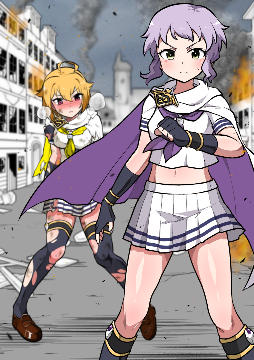 2girls ahoge black_socks black_thighhighs blonde_hair blurry blurry_background blush breasts breath brown_footwear building burning burning_building burningsushi cape city clenched_hand commentary_request dirty dirty_clothes fingerless_gloves fire gloves grey_sky hair_between_eyes hair_flaps hand_up highres ibuki_tsubasa idol_heroes_(idolmaster) idolmaster idolmaster_million_live! injury kneehighs large_breasts legs looking_at_another looking_at_viewer makabe_mizuki miniskirt multiple_girls navel neckerchief outdoors parted_lips pleated_skirt purple_hair purple_neckerchief red_eyes road serious shirt short_hair short_sleeves sidelocks skirt sky small_breasts smoke socks street sweat thighhighs thighs torn_cape torn_clothes torn_gloves torn_shirt torn_skirt torn_thighhighs v-shaped_eyebrows wavy_hair white_cape white_shirt white_skirt yellow_eyes