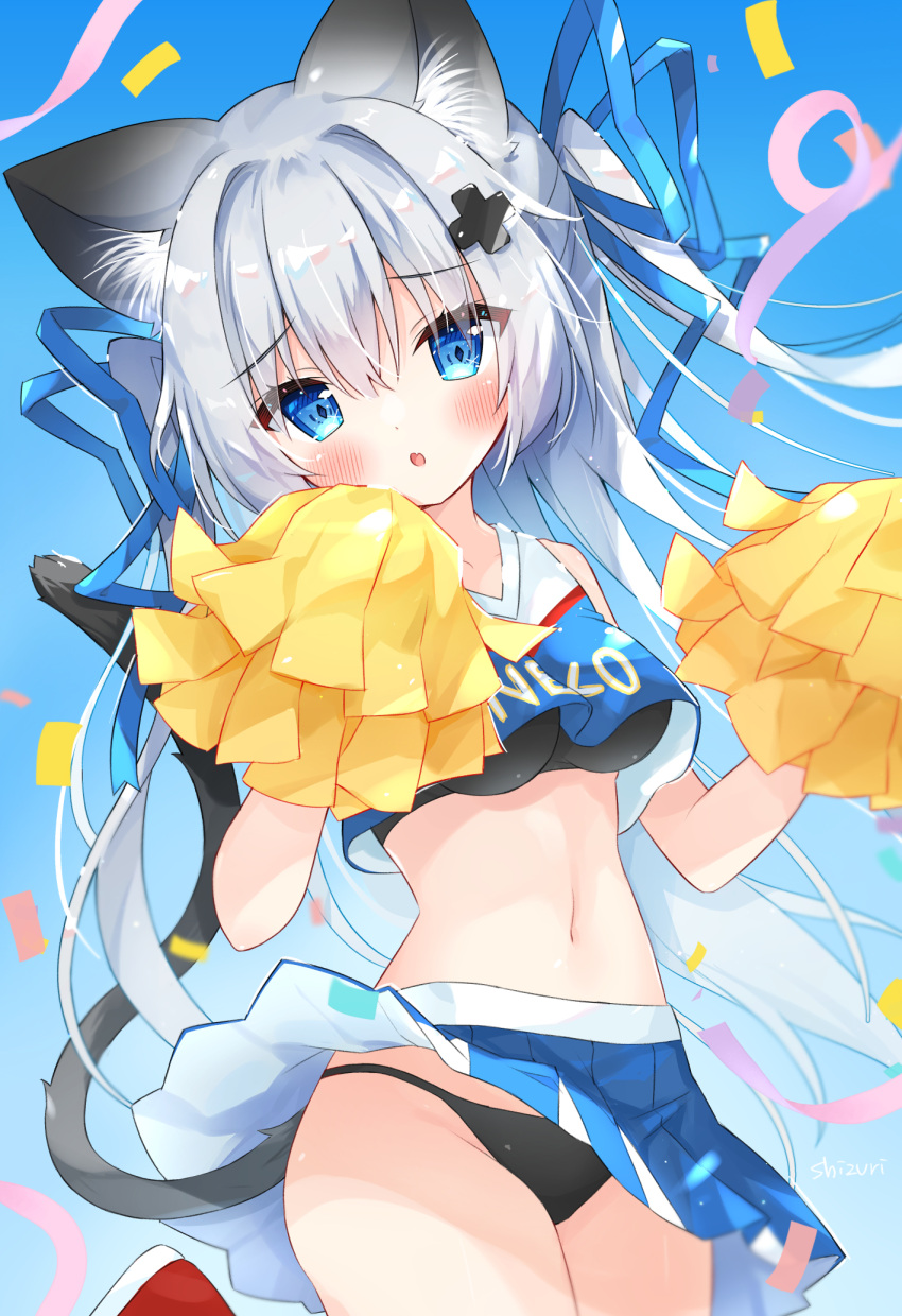 1girl :o animal_ear_fluff animal_ears black_hair black_panties blue_eyes blue_ribbon blush breasts cat_ears cat_girl cat_tail cheerleader confetti grey_hair hair_between_eyes hair_intakes hair_ribbon highres looking_at_viewer medium_breasts midriff multicolored_hair navel original panties pleated_skirt pom_pom_(cheerleading) ribbon skirt solo tail underwear yukine