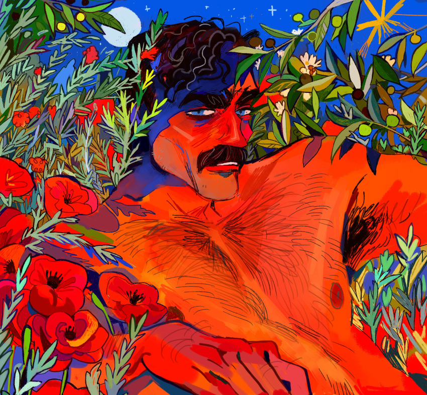 1boy absurdres armpit_hair bara black_hair blue_eyes chest_hair colorful daniel_plainview facial_hair field flower hand_hair highres jadenvargen leaning_back looking_at_viewer male_focus mature_male moon multicolored_hair night nipples parted_lips pectorals plant short_hair solo sparse_stubble streaked_hair there_will_be_blood thick_eyebrows thick_mustache upper_body wavy_hair