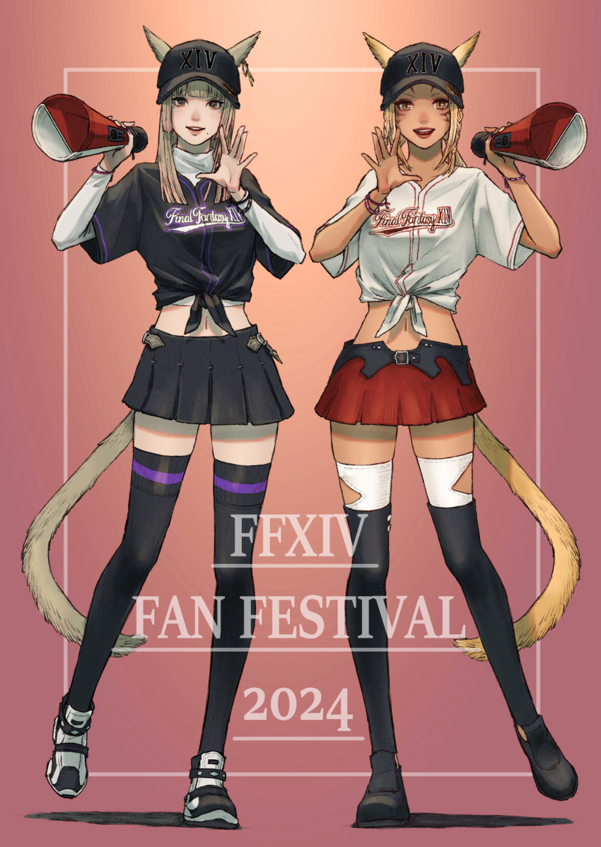 2girls animal_ears baseball_cap black_thighhighs blonde_hair brown_eyes cam_(cammero95713700) cat_ears cat_tail dark-skinned_female dark_skin ears_through_headwear english_text facial_mark final_fantasy final_fantasy_xiv gradient_background hat highres long_hair looking_at_viewer midriff miqo'te mole mole_under_mouth multiple_girls navel open_mouth pleated_skirt shirt skirt slit_pupils tail thighhighs tied_shirt warrior_of_light_(ff14) whisker_markings