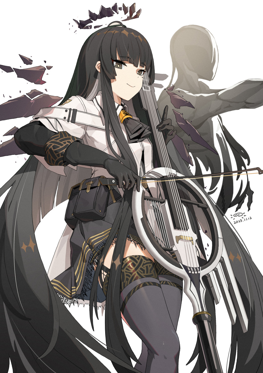 1girl absurdres antenna_hair arknights ascot belt belt_buckle belt_pouch black_ascot black_belt black_eyes black_garter_straps black_gloves black_hair black_halo black_skirt black_thighhighs black_wings bloom blunt_bangs bow_(music) broken_halo buckle cello chinese_commentary closed_mouth collared_jacket colored_inner_hair commentary_request crossed_legs dark_halo dated detached_wings diamond-shaped_pupils diamond_(shape) dress_shirt energy_wings feet_out_of_frame film_grain from_below from_side garter_straps gloves grey_hair grey_shirt halo hand_up high_collar highres hime_cut holding holding_bow_(music) holding_instrument holding_violin index_finger_raised instrument jacket knees lace-trimmed_skirt lace_trim layered_sleeves long_hair long_sleeves looking_at_viewer looking_down looking_to_the_side miniskirt mole mole_under_eye multicolored_hair music originium_arts_(arknights) pale_skin playing playing_instrument pleated_skirt pouch shadow shirt short-sleeved_jacket short_over_long_sleeves short_sleeves sidelocks simple_background skirt smile solo standing straight_hair strap symbol-shaped_pupils thighhighs thighs two-tone_hair very_long_hair violin virtuosa_(arknights) white_background white_jacket wide_sleeves wing_collar wings xiaotong zettai_ryouiki