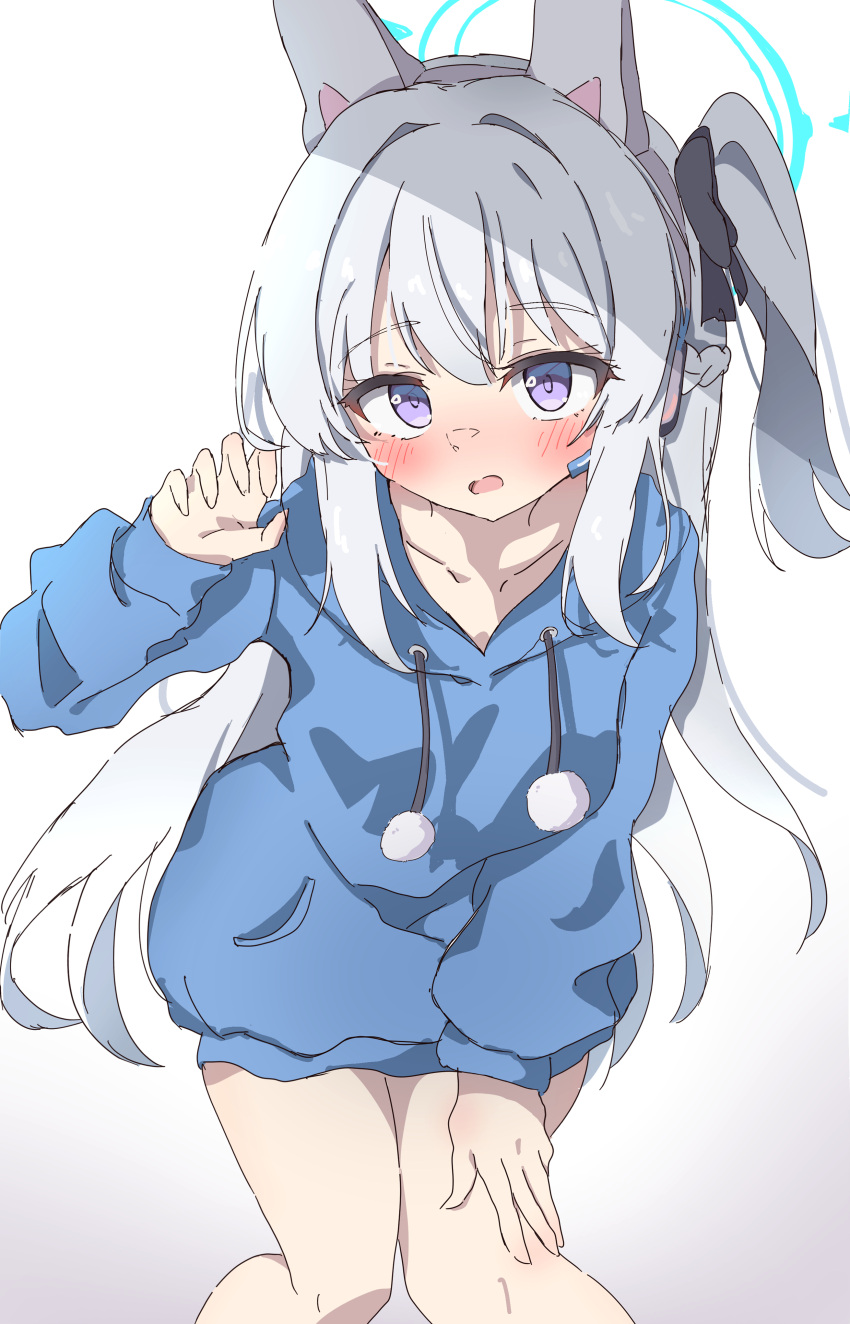 1girl absurdres animal_ears blue_archive blue_halo blue_hoodie blush collarbone fake_animal_ears feet_out_of_frame grey_hair halo highres hood hood_down hoodie long_hair long_sleeves looking_at_viewer miyako_(blue_archive) natsukari_na official_alternate_costume one_side_up open_mouth purple_eyes rabbit_ears solo