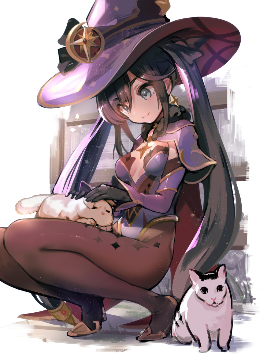 1girl absurdres animal_on_leg black_gloves black_hair breasts brown_pantyhose cat cat_day closed_mouth commentary_request earrings fur_collar genshin_impact gloves gold_trim green_eyes hat highres huh?_cat_(meme) jewelry leotard long_hair looking_at_animal meme mona_(genshin_impact) pantyhose purple_headwear purple_leotard small_breasts solo sparkle_print squatting star_(symbol) star_earrings starry_babe twintails very_long_hair witch_hat