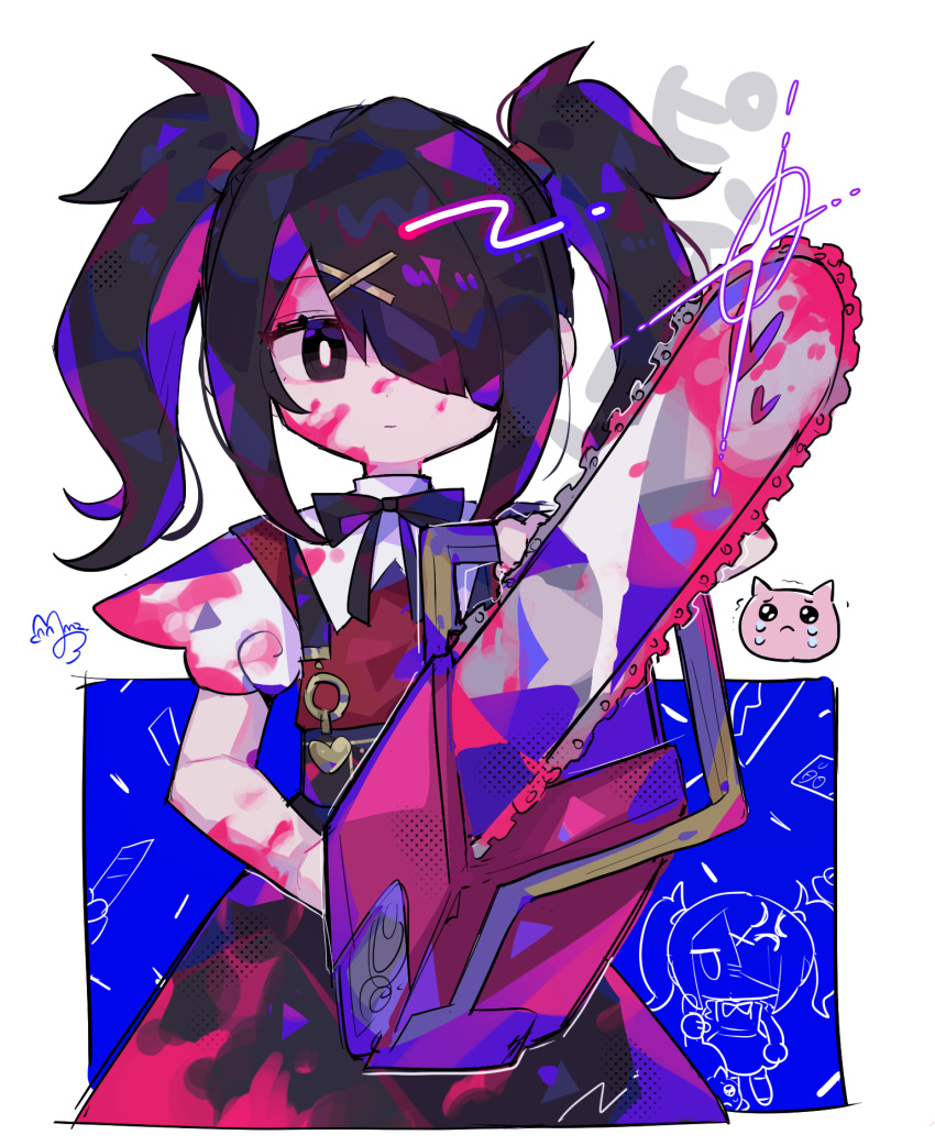 1girl ame-chan_(needy_girl_overdose) black_hair black_ribbon blood blood_on_clothes blood_on_face blood_on_weapon chainsaw closed_mouth collared_shirt commentary_request cowboy_shot crying crying_with_eyes_open emoji glint hair_ornament hair_over_one_eye highres holding holding_chainsaw long_hair looking_at_viewer neck_ribbon needy_girl_overdose pien_cat_(needy_girl_overdose) pink_blood pleading_face_emoji red_shirt ribbon shirt skirt solo standing sushiuma_m suspender_skirt suspenders tears twintails weapon x_hair_ornament