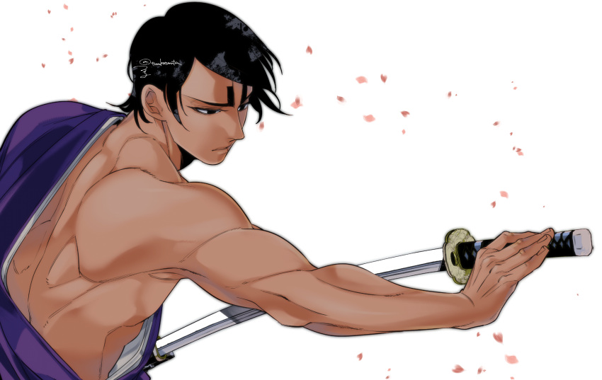 1boy artist_name back_muscles black_eyes black_hair falling_petals golden_kamuy hand_up highres holding holding_sword holding_weapon japanese_clothes katana kimono koito_otonoshin looking_at_object male_focus petals purple_kimono sheath short_hair signature simple_background solo sword tsuruko_turuta unsheathing upper_body weapon white_background