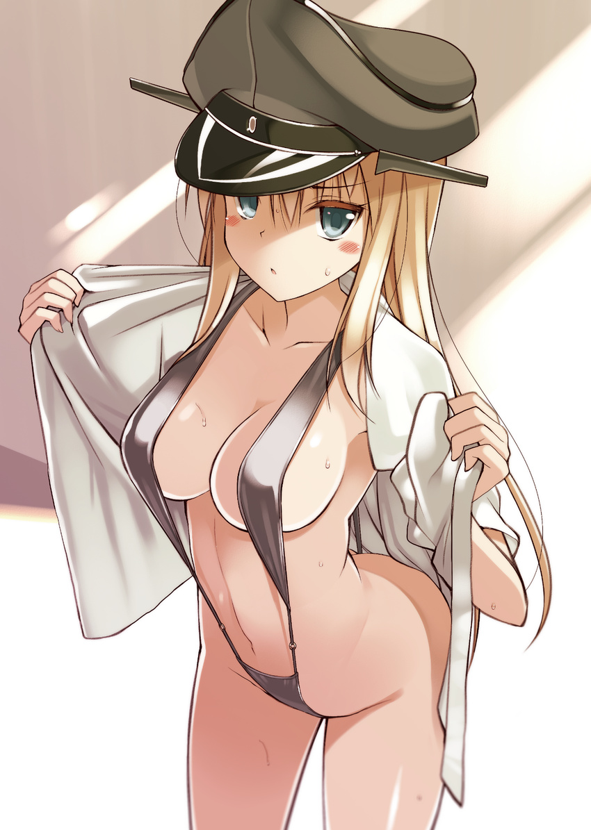 arched_back bikini bismarck_(kantai_collection) blue_eyes breasts cleavage collarbone from_above grey_bikini hair_between_eyes hat highres kantai_collection large_breasts long_hair military_hat navel o-ring o-ring_bikini oota_yuuichi open_mouth slingshot_swimsuit solo strap_gap sweat swimsuit towel