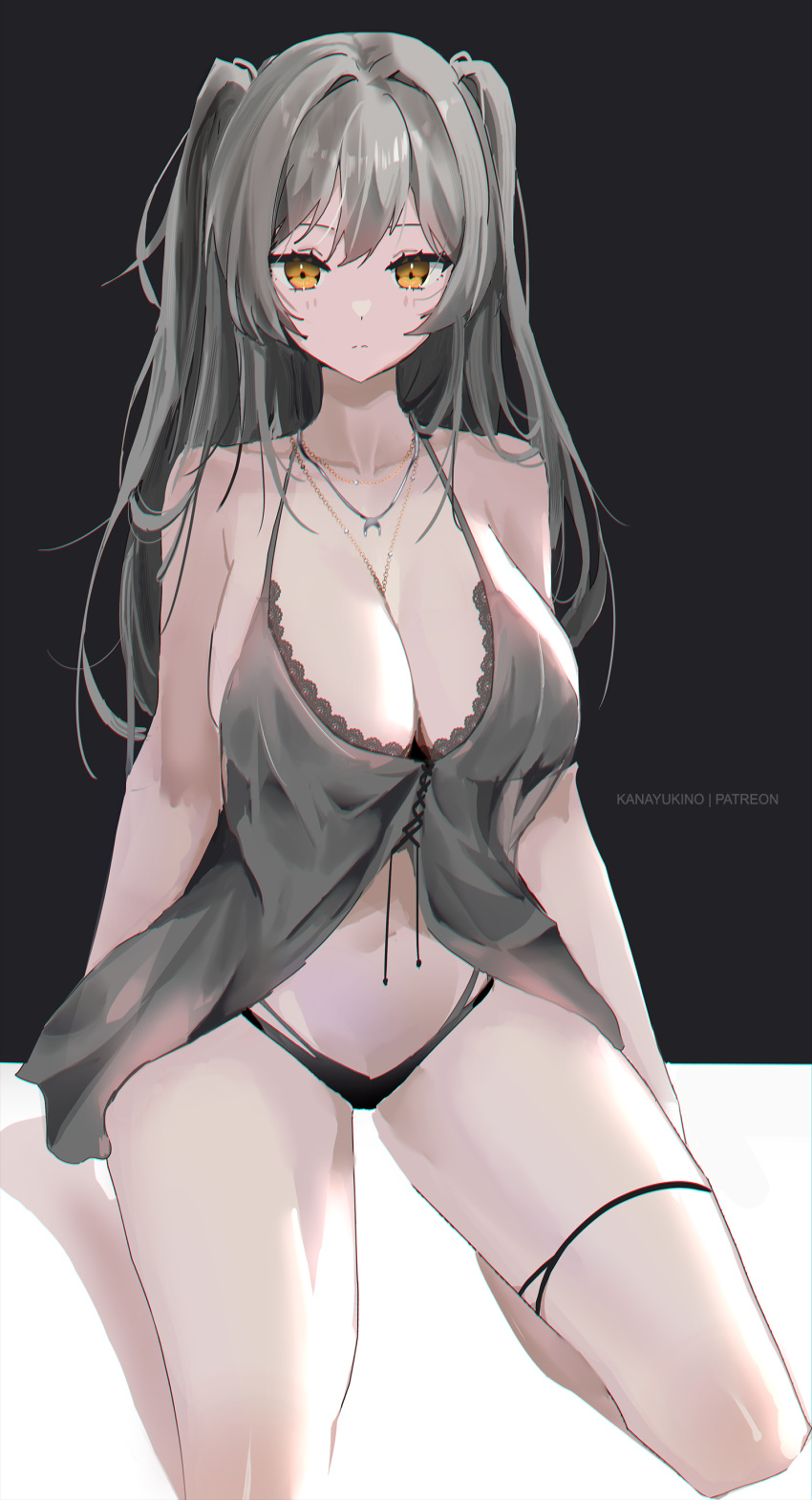 1girl absurdres alternate_costume babydoll bare_arms bare_shoulders black_background black_panties breasts cleavage closed_mouth collarbone expressionless grey_babydoll grey_hair highres honkai:_star_rail honkai_(series) jewelry kana_yukino lace-trimmed_babydoll lace_trim large_breasts lingerie long_hair looking_at_viewer navel necklace panties solo spaghetti_strap stelle_(honkai:_star_rail) stomach string_panties thigh_strap thighs trailblazer_(honkai:_star_rail) two_side_up underwear underwear_only yellow_eyes