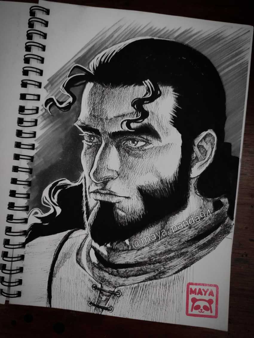 1boy beard facial_hair floating_hair full_beard graphite_(medium) greyscale highres light_smile long_hair looking_ahead male_focus mature_male maya_panda monochrome photo_(medium) portrait solo thick_beard thick_eyebrows thors traditional_media vinland_saga