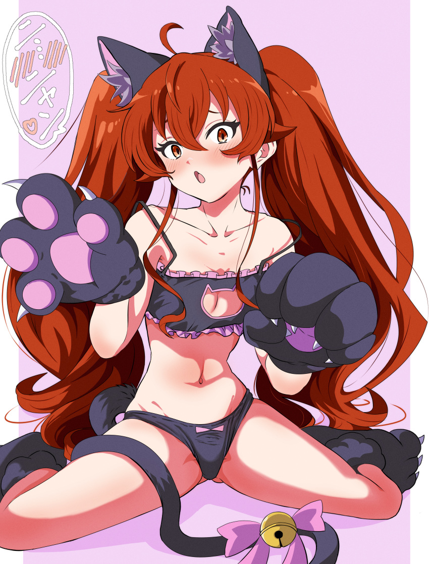 1girl absurdres ahoge animal_ears animal_hands ass_visible_through_thighs bell black_bra black_panties bow bow_panties bra breasts cat_cutout cat_ears cat_feet cat_paws cat_tail cleavage cleavage_cutout clothing_cutout commentary_request eris_greyrat frilled_bra frills gloves hair_between_eyes highres kou_(spad7u59) long_hair looking_at_viewer lowleg lowleg_panties meme_attire mushoku_tensei nyan open_mouth panties paw_gloves paw_pose red_eyes red_hair sitting small_breasts solo speech_bubble strap_slip tail tail_bell tail_ornament thighs underwear underwear_only wariza