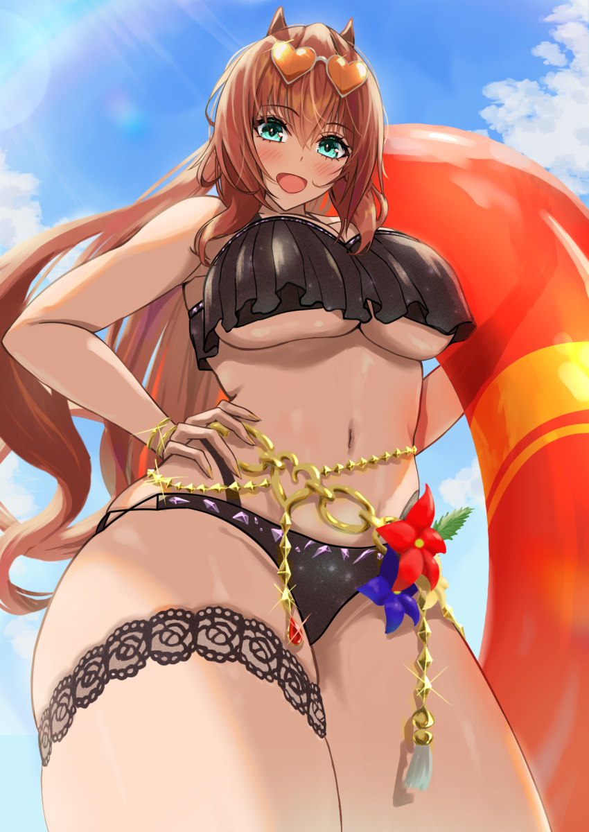 1girl animal_ears aqua_eyes azuki_(azuki_azukki) bare_legs bare_shoulders bikini black_bikini bracelet brown_hair commentary_request cowboy_shot day eyewear_on_head flower frilled_bikini frills groin heart heart-shaped_eyewear highres holding holding_swim_ring horse_ears horse_girl horse_tail innertube jewelry long_hair maruzensky_(blasting_off_summer_night)_(umamusume) maruzensky_(umamusume) navel necklace ocean official_alternate_costume open_mouth orange_innertube outdoors purple_flower red_flower smile solo sparkle sunglasses swim_ring swimsuit tail umamusume