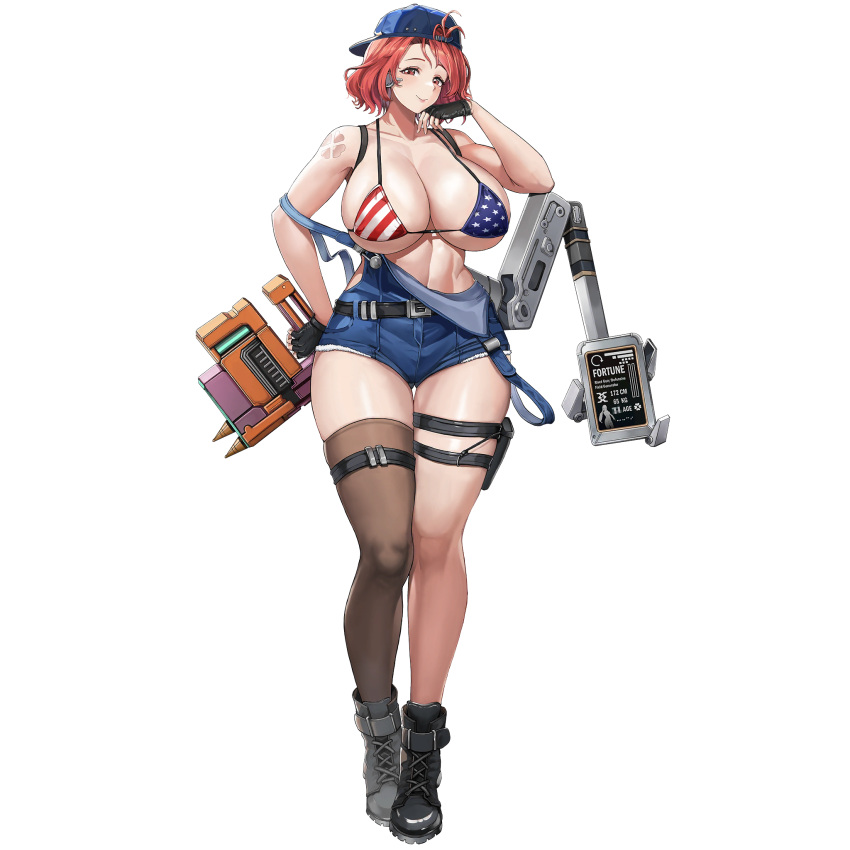 1girl abs american_flag_bikini ass_visible_through_thighs backwards_hat baseball_cap belt belt_buckle bikini black_belt black_footwear black_gloves blue_headwear blue_overalls boots breasts brown_thighhighs buckle character_age character_profile cleavage closed_mouth clover collarbone denim earpiece fingerless_gloves flag_print fortune_(last_origin) four-leaf_clover full_body gloves hair_intakes hair_through_headwear hand_on_own_face hand_on_own_hip hat highres holding holding_weapon huge_breasts last_origin linea_alba lips looking_at_viewer mechanic mechanical_arms muscular muscular_female nail_gun official_alternate_costume official_art overalls red_eyes red_hair short_hair shoulder_tattoo simple_background single_thighhigh skindentation smile solo standing string_bikini suspenders suspenders_slip swimsuit tachi-e tattoo thick_thighs thigh_belt thigh_gap thigh_pouch thigh_strap thighhighs thighs third-party_source transparent_background u-rix weapon work_boots