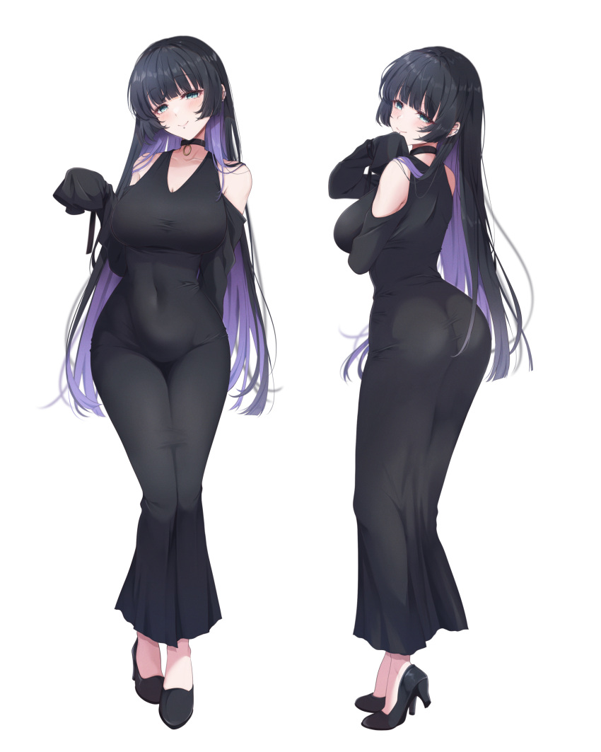 1girl ass black_choker black_dress black_footwear black_hair bocchi_the_rock! breasts choker cleavage closed_mouth clothing_cutout colored_inner_hair commentary_request covered_navel dress from_behind full_body grey_eyes high_heels highres large_breasts long_hair looking_at_viewer looking_back multicolored_hair pa-san purple_hair shoulder_cutout simple_background skin_tight sleeves_past_fingers sleeves_past_wrists smile solo standing straight_hair white_background wide_hips yoru0409