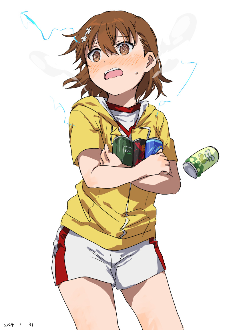 1girl @_@ absurdres blush brown_eyes brown_hair can commentary_request dated drink_can electricity electrokinesis floating_hair_ornament flower hair_between_eyes highres holding holding_can jacket medium_hair misaka_mikoto open_mouth psychic shirt short_shorts short_sleeves shorts simple_background soda_can standing sweat takatisakana toaru_kagaku_no_railgun toaru_kagaku_no_railgun_t toaru_majutsu_no_index tomboy white_background white_flower white_shirt white_shorts yellow_jacket