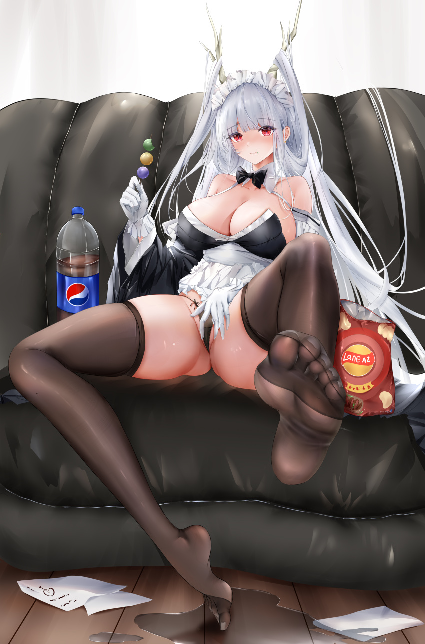 1girl absurdres apron apron_lift azur_lane between_legs black_panties blush brand_name_imitation breasts chips_(food) couch curly_hair dango detached_collar detached_sleeves dragon_girl dragon_horns eating food food_on_face frilled_apron frilled_gloves frills gloves hair_on_horn hand_between_legs hand_on_own_crotch hand_up highres horns huge_breasts indoors iue_(artist) large_breasts leg_up legs long_hair long_sleeves looking_at_viewer maid_headdress no_bra no_pants on_couch panties potato_chips presenting red_eyes shimanto_(azur_lane) shimanto_(the_comfy_dragon_god)_(azur_lane) skindentation slit_pupils smile soda solo spread_legs string_panties suggestive_fluid thighhighs thighs underwear very_long_hair wagashi waist_apron white_apron white_gloves white_hair wide_sleeves