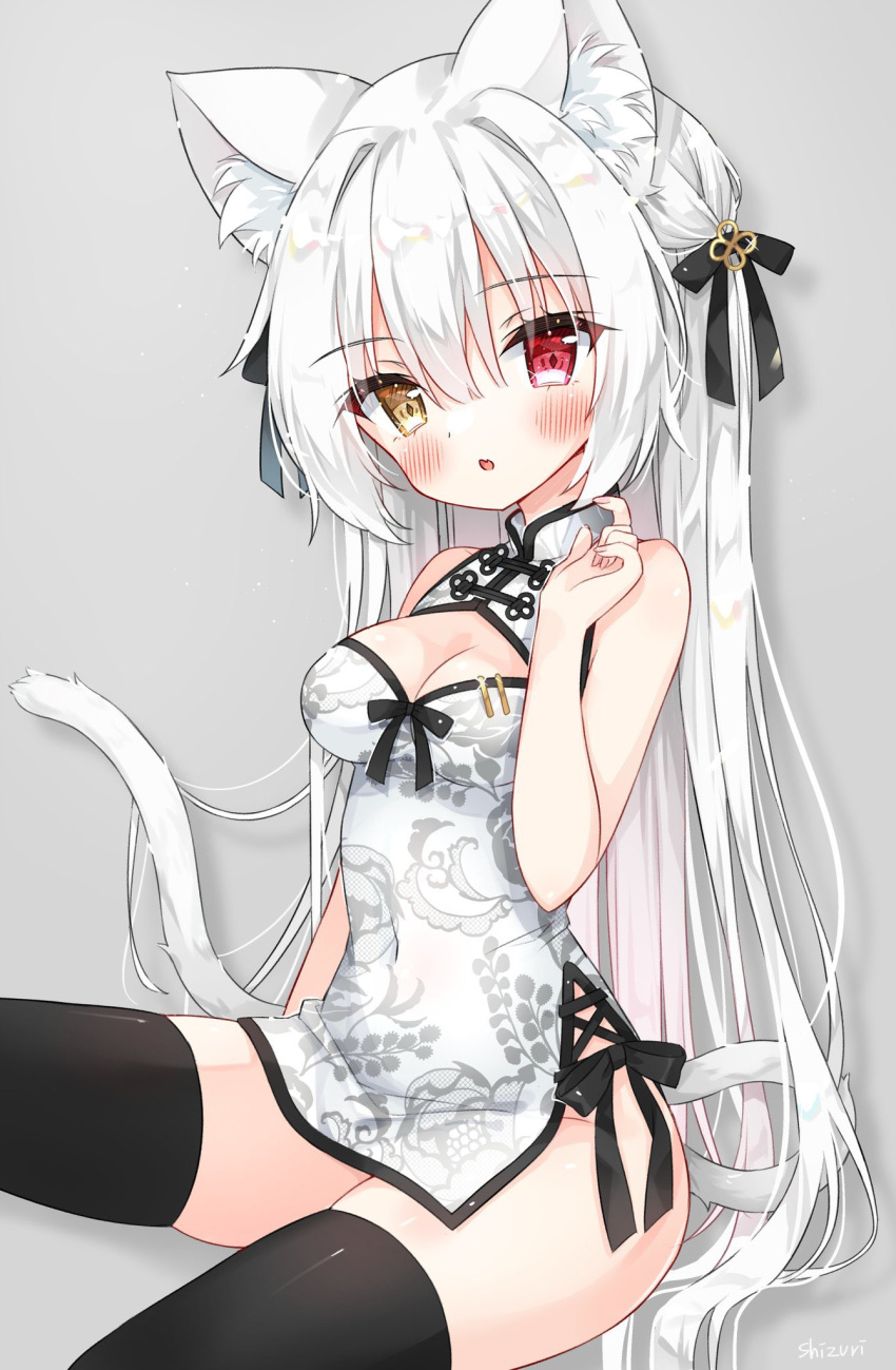 1girl animal_ear_fluff animal_ears arm_up black_thighhighs blush breasts cat_day cat_ears cat_girl cat_tail china_dress chinese_clothes cleavage cleavage_cutout clothing_cutout dress grey_background heterochromia highres long_hair looking_at_viewer open_mouth original ribbon short_dress simple_background sitting sleeveless sleeveless_dress solo tail thighhighs thighs very_long_hair white_dress white_hair yukine
