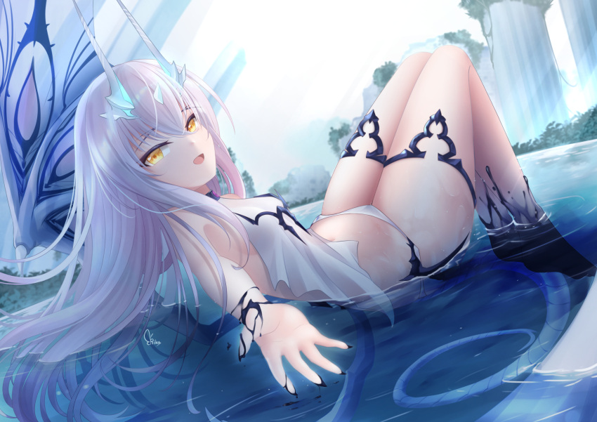 1girl bikini bikini_bottom_only black_choker black_liquid breasts bush choker fate/grand_order fate_(series) forked_eyebrows from_side grey_hair highres long_hair melusine_(fate) melusine_(swimsuit_ruler)_(fate) melusine_(swimsuit_ruler)_(second_ascension)_(fate) open_mouth rika_ryne signature small_breasts solo swimsuit tail water wet white_bikini white_swimsuit yellow_eyes