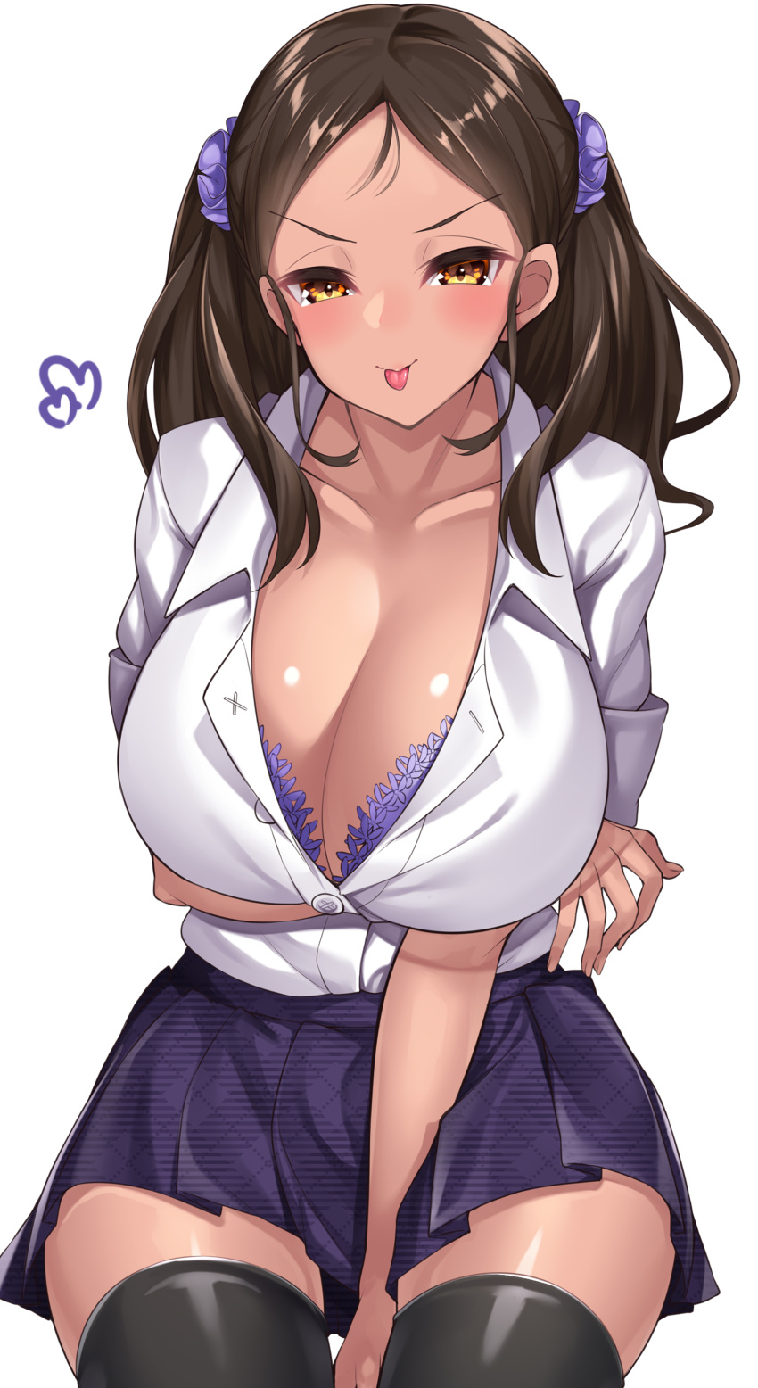 1girl absurdres arm_between_legs arm_under_breasts ayase_honoka black_thighhighs blush bra breasts brown_eyes brown_hair cleavage collarbone commission dark-skinned_female dark_skin gyaru hair_ornament hair_scrunchie heart highres idolmaster idolmaster_cinderella_girls idolmaster_cinderella_girls_starlight_stage large_breasts long_hair looking_at_viewer miniskirt pleated_skirt purple_bra purple_scrunchie purple_skirt scrunchie shirt short_sleeves simple_background sitting skeb_commission skirt smile solo tan thighhighs tongue tongue_out twintails underwear v-shaped_eyebrows watosu white_background white_shirt