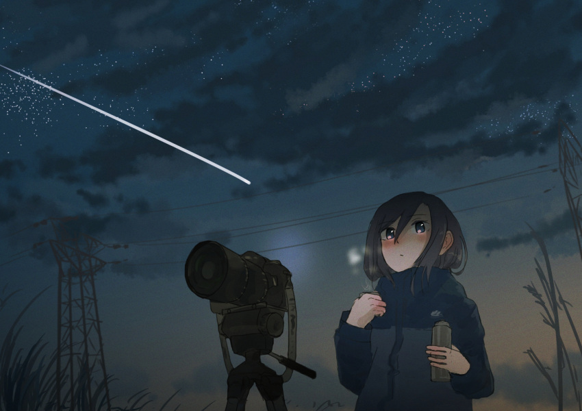 1girl black_hair blue_jacket blush breath camera closed_mouth cloud commentary_request grass hair_between_eyes inami_hatoko jacket long_sleeves night night_sky original outdoors power_lines purple_eyes shooting_star sidelocks sky solo steam thermos transmission_tower tripod