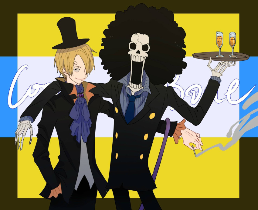 2boys afro ascot black_jacket black_pants blonde_hair blue_ascot blue_necktie brook_(one_piece) cane cigarette commentary_request cowboy_shot cup curly_eyebrows facial_hair goatee_stubble hair_over_one_eye hat highres holding holding_cane holding_cigarette holding_plate jacket male_focus multiple_boys necktie one_piece pants plate sanji_(one_piece) shirt skeleton smile smoke striped_clothes striped_shirt stubble suit top_hat vertical-striped_clothes vertical-striped_shirt waistcoat xx_zslove