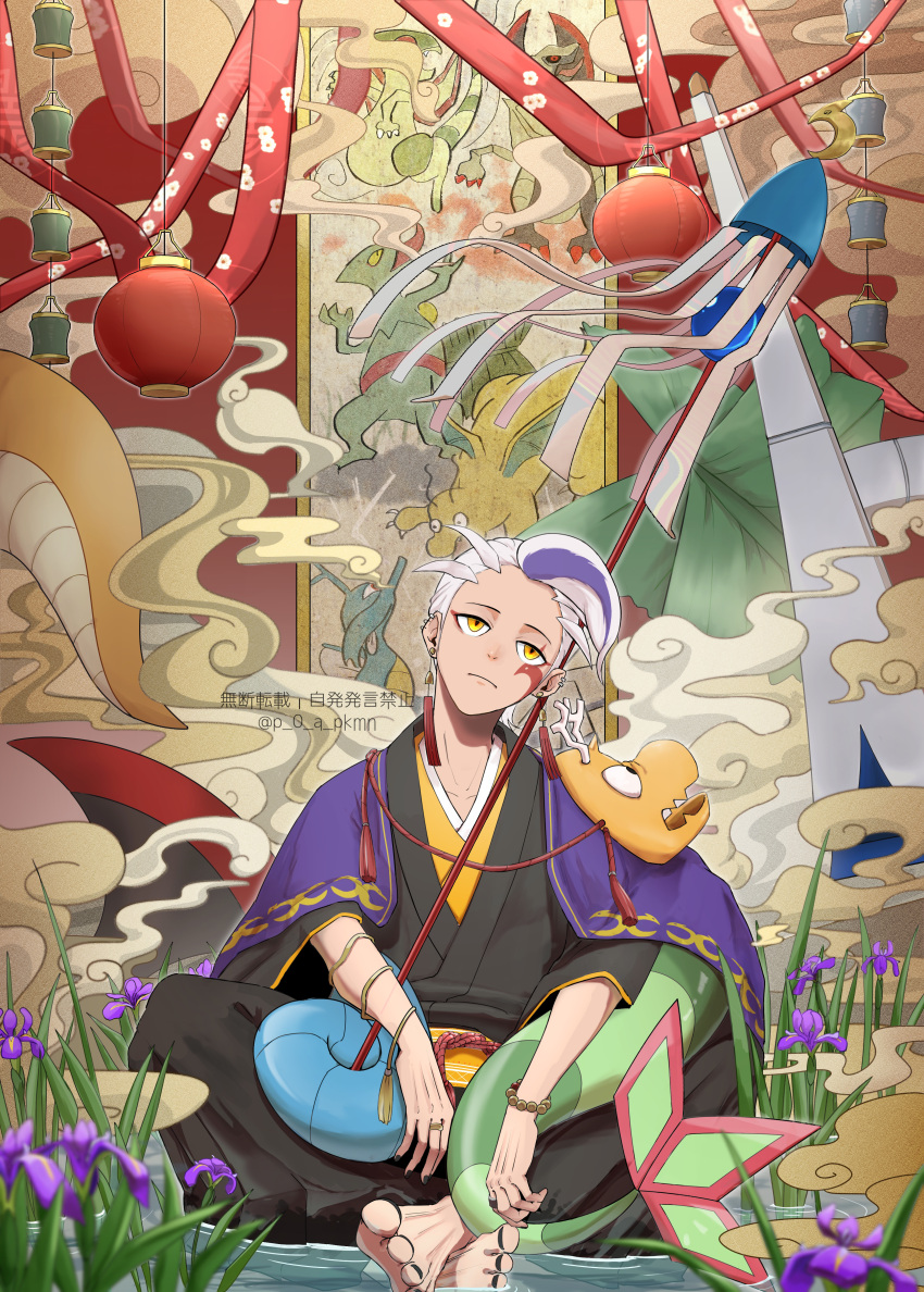 1boy absurdres alternate_costume barefoot black_kimono black_nails character_print closed_mouth commentary_request dragonite drayton_(pokemon) earrings facepaint flower flygon haxorus highres japanese_clothes jewelry kimono kingdra looking_up male_focus mask multicolored_hair nail_polish p_0_a pokemon pokemon_sv purple_flower purple_hair sceptile sitting streaked_hair toenail_polish toenails toes water white_hair yellow_eyes