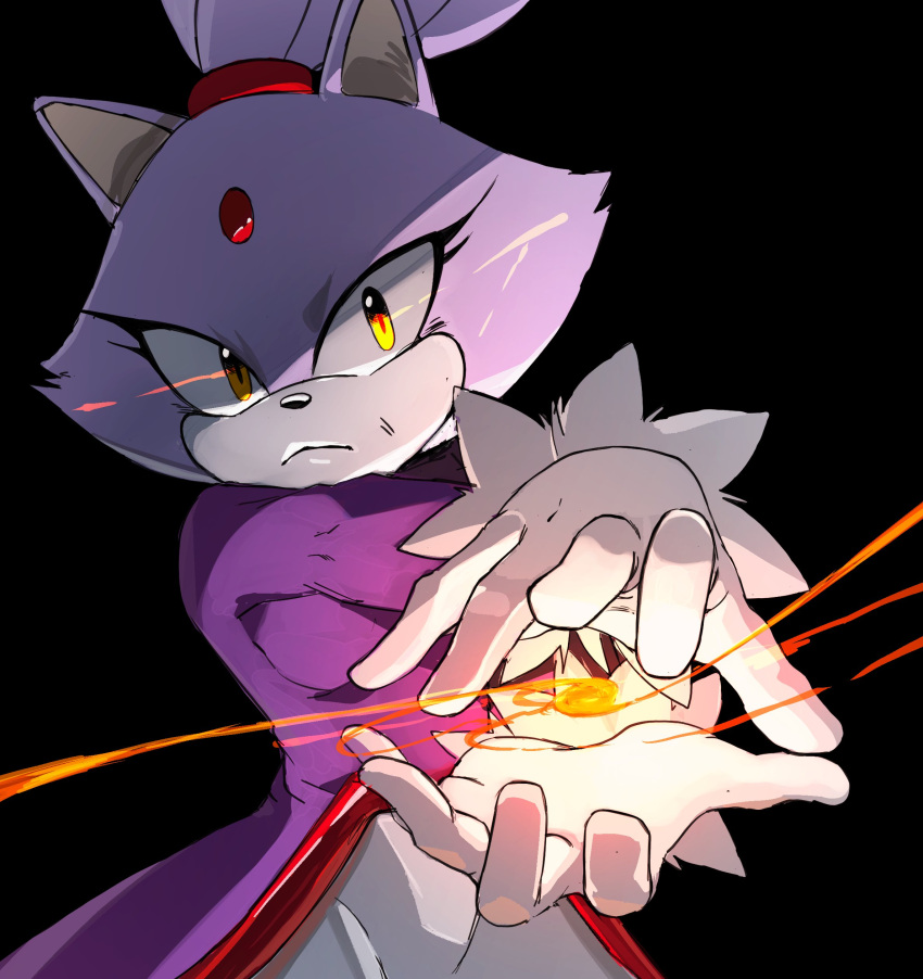 1girl absurdres animal_ears black_background blaze_the_cat cat_ears cat_girl fire forehead_jewel fur-trimmed_gloves fur_trim furry furry_female gloves highres jacket looking_at_viewer pants purple_jacket raph_mavrost serious sonic_(series) topknot white_gloves white_pants yellow_eyes