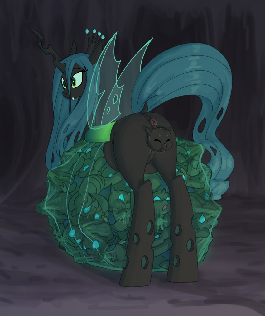 abdominal_bulge absurd_res anus arthropod birth black_body carniscorner changeling crown drone_(mlp) eyeshadow friendship_is_magic genitals green_eyes green_eyeshadow green_hair green_tail hair hasbro headgear hi_res horn hyper hyper_pregnancy insect_wings makeup my_little_pony pregnant pupils pussy queen_chrysalis_(mlp) slit_pupils tail transparent_belly wings