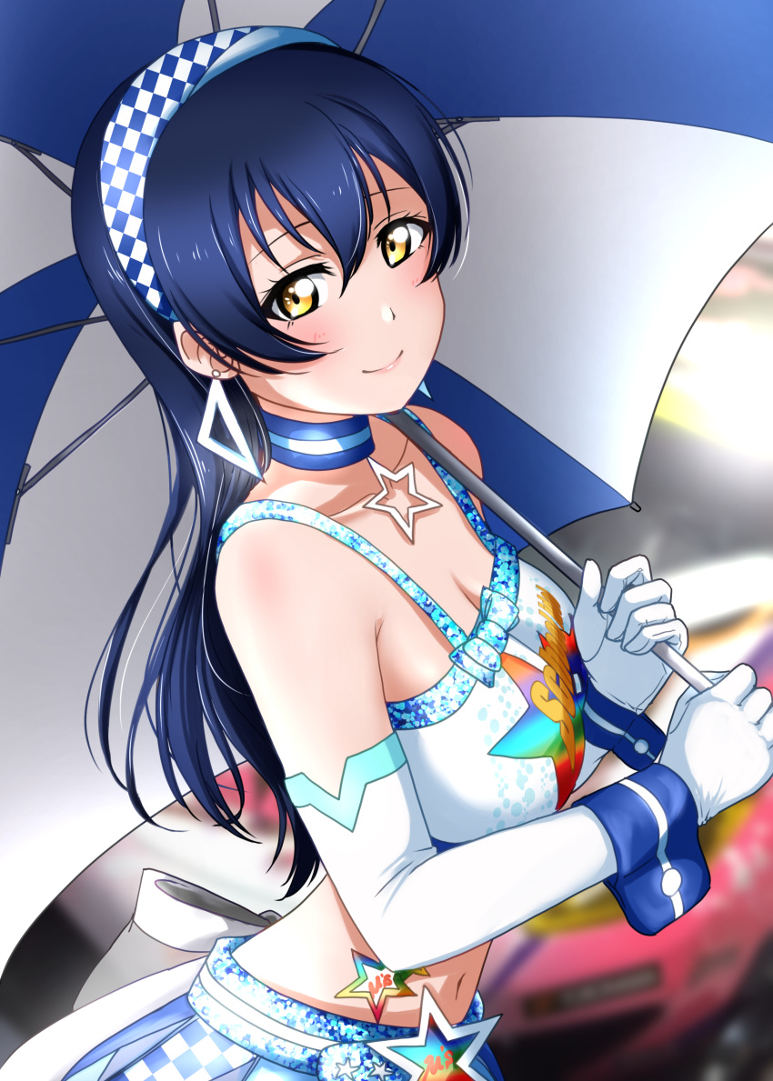 1girl absurdres bare_shoulders blue_choker blue_hair blurry blurry_background breasts choker closed_mouth collarbone commentary_request earrings elbow_gloves gloves hair_between_eyes highres holding holding_umbrella jewelry long_hair looking_at_viewer love_live! love_live!_school_idol_project medium_breasts midriff navel race_queen sidelocks smile solo sonoda_umi star_(symbol) surv1v3-13005993 triangle_earrings umbrella upper_body white_gloves wrist_cuffs yellow_eyes