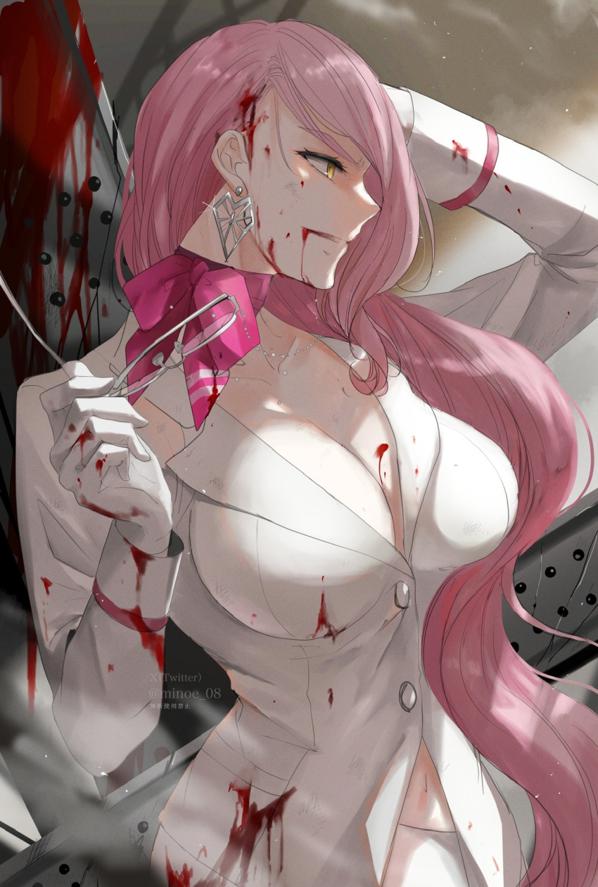 1girl blood blood_from_mouth blood_on_clothes blood_on_face breasts buttons choker collared_jacket earrings eyewear_strap fate/grand_order fate_(series) glasses gloves highres holding holding_removed_eyewear jacket jewelry koyanskaya_(fate) koyanskaya_(foreigner)_(first_ascension)_(fate) lapels large_breasts long_hair low-cut minoe08 navel pink_hair profile ribbon_choker skirt sleeve_cuffs solo suit_jacket tamamo_(fate) twitter_username unworn_eyewear wavy_hair white-framed_eyewear white_gloves white_jacket white_skirt yellow_eyes