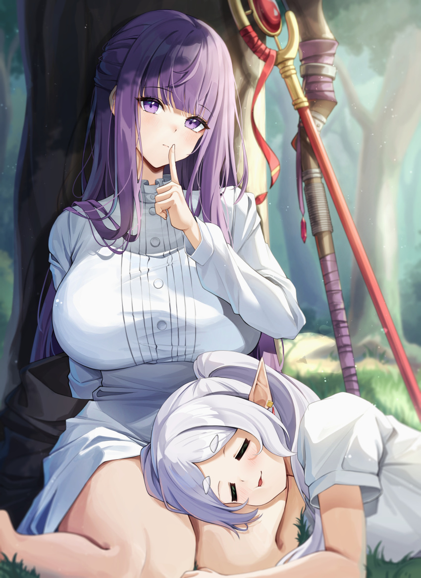 2girls absurdres bare_legs blunt_bangs blush breasts dress elf fern_(sousou_no_frieren) finger_to_mouth forest frieren grass grey_hair half_updo hashtag_only_commentary head_tilt highres huge_breasts lancheu lap_pillow looking_at_viewer lying mage_staff multiple_girls nature on_side outdoors parted_bangs pointy_ears purple_eyes purple_hair shirt shushing sitting sleeping sousou_no_frieren wariza white_dress white_shirt