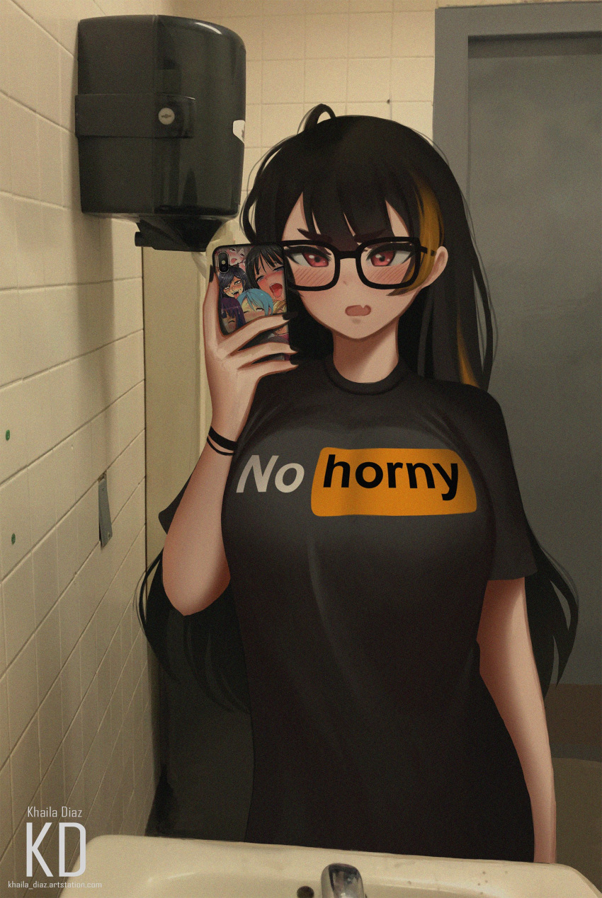 1girl absurdres ahegao artist_name black_hair blonde_hair blush cellphone commentary english_commentary fang film_grain glasses highres holding holding_phone kd_chan long_hair mirror multicolored_hair original phone photo_background pornhub print_shirt red_eyes reflection selfie shirt skin_fang smartphone smartphone_case solo streaked_hair torogao two-tone_hair upper_body very_long_hair
