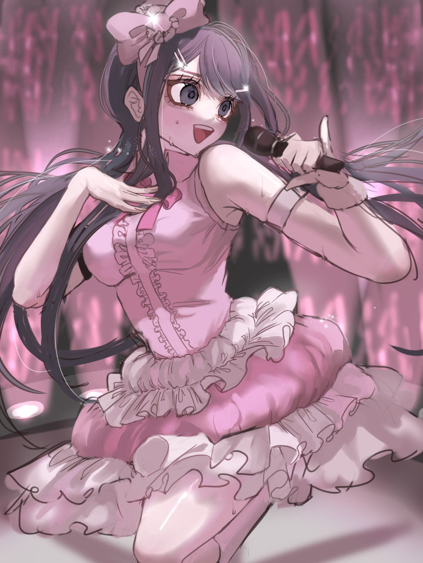 1girl :d absurdres bare_shoulders black_hair bow bowtie breasts center_frills collared_shirt danganronpa:_trigger_happy_havoc danganronpa_(series) frills hair_bow hair_ornament hairclip hands_up highres holding holding_microphone kneehighs large_breasts layered_skirt long_hair maizono_sayaka mi_loveyouuu microphone official_alternate_costume pink_bow pink_bowtie pink_shirt pink_skirt shiny_skin shirt skirt smile socks solo teeth upper_teeth_only