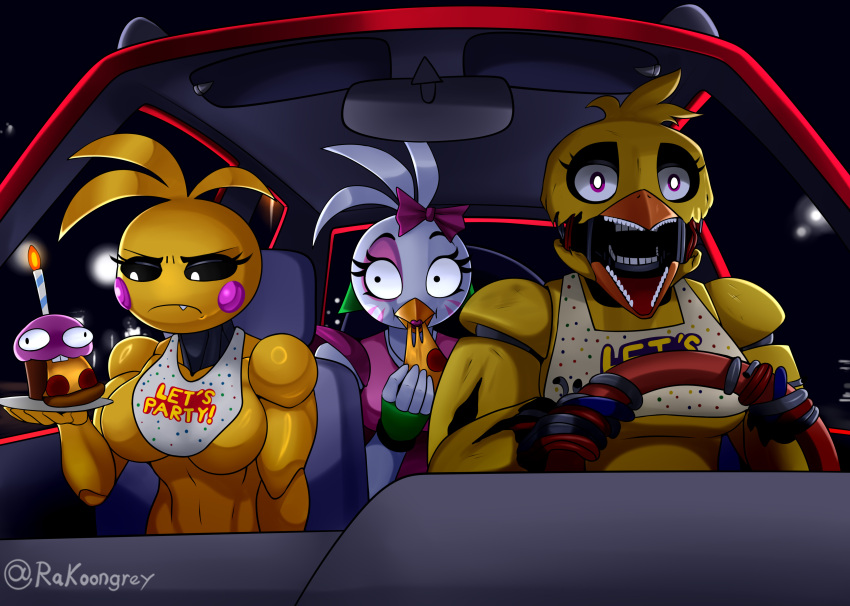 absurd_res animatronic avian bird car chicken cupcake_(fnaf) e4hargus female five_nights_at_freddy's five_nights_at_freddy's:_security_breach five_nights_at_freddy's_2 food galliform gallus_(genus) glamrock_chica_(fnaf) group hi_res machine phasianid pizza robot scottgames steel_wool_studios steering_wheel toy_chica_(fnaf) trio vehicle withered_chica_(fnaf)