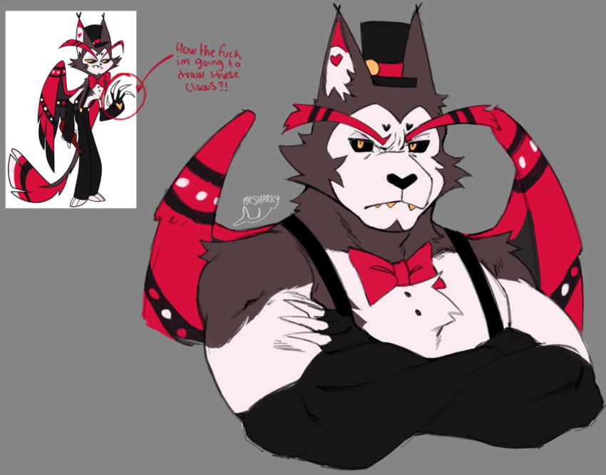 anthro domestic_cat felid feline felis fur gambler grey_body grey_fur hazbin_hotel hi_res husk_(hazbin_hotel) male mammal mr_sharky muscular solo wings