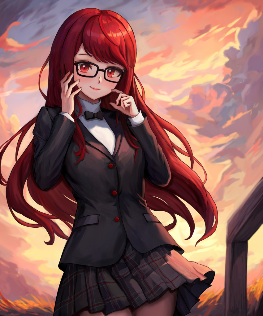 1girl absurdres black-framed_eyewear black_bow black_bowtie black_jacket blazer blush bow bowtie cloud cloudy_sky collared_shirt evening finger_to_face glasses hand_on_own_face highres jacket light_blush long_hair looking_at_viewer pantyhose persona persona_5 persona_5_the_royal pigsir13152 plaid plaid_skirt pleated_skirt red_eyes red_hair school_uniform shirt shuujin_academy_school_uniform skirt sky solo white_shirt yoshizawa_kasumi