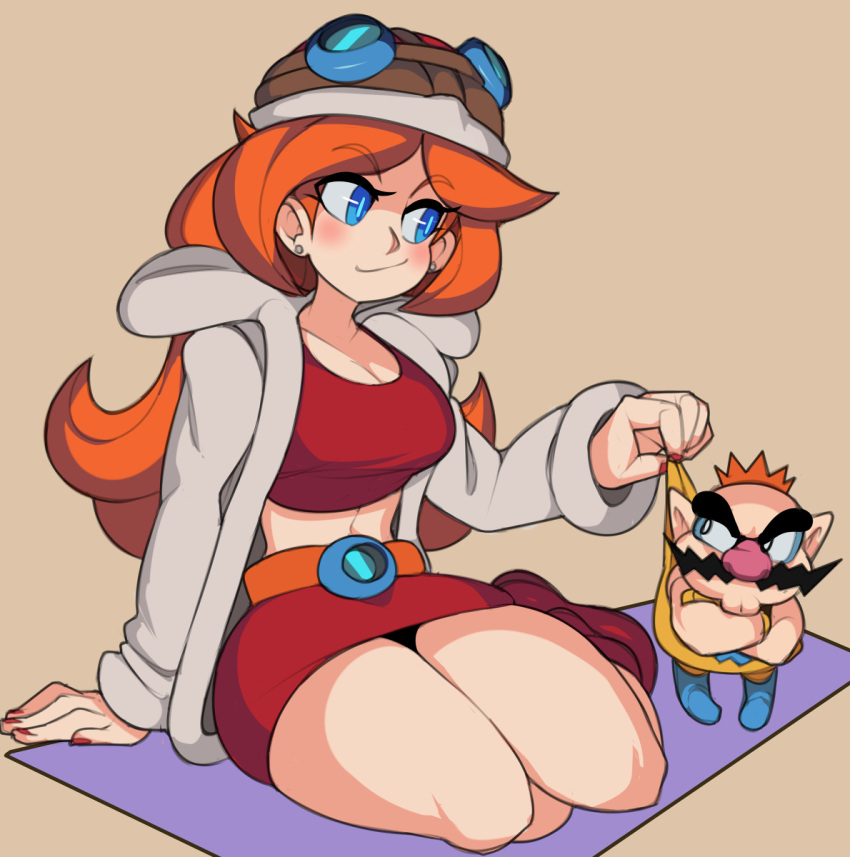 1boy 1girl blue_eyes captain_kirb coat crop_top crossed_arms earrings facial_hair goggles goggles_on_headwear helmet highres jewelry long_hair midriff miniskirt mona_(warioware) mustache orange_hair red_skirt simple_background sitting skirt smile stud_earrings tiny_wario wario warioware white_coat