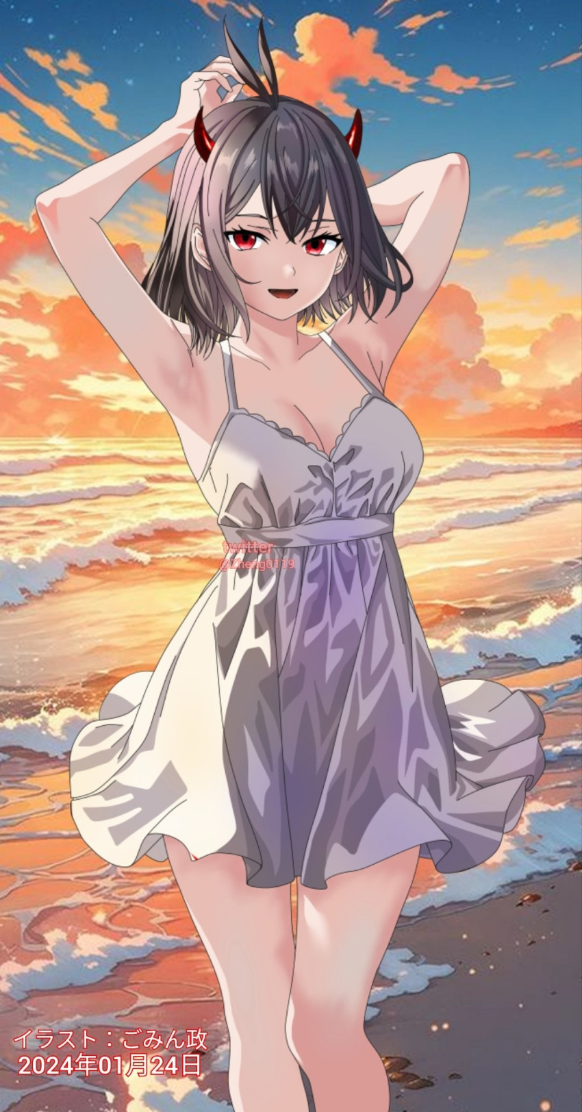 1girl antenna_hair arms_up beach black_clover black_hair blue_sky breasts cleavage cloud dated demon_horns evening f3968837 highres horns medium_breasts nightgown ocean outdoors red_eyes red_horns sand secre_swallowtail sky solo water white_nightgown